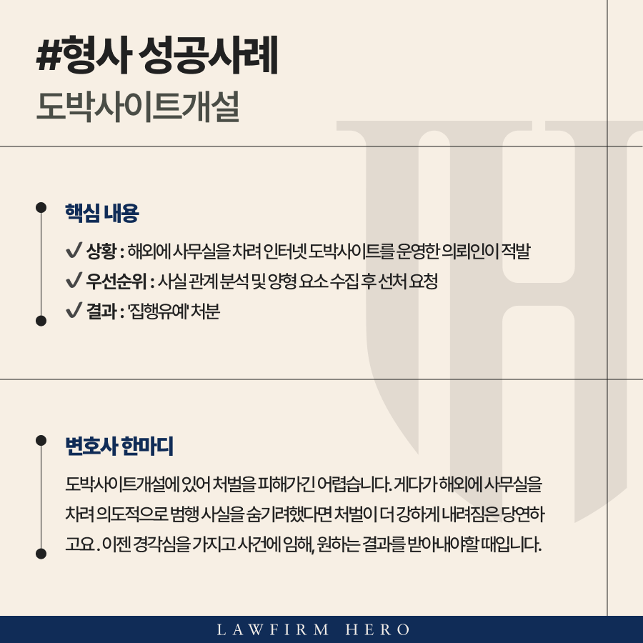 도박사이트를 개설하여 운영한 의뢰인, 초범이어도 형을 피하기는 어렵기에