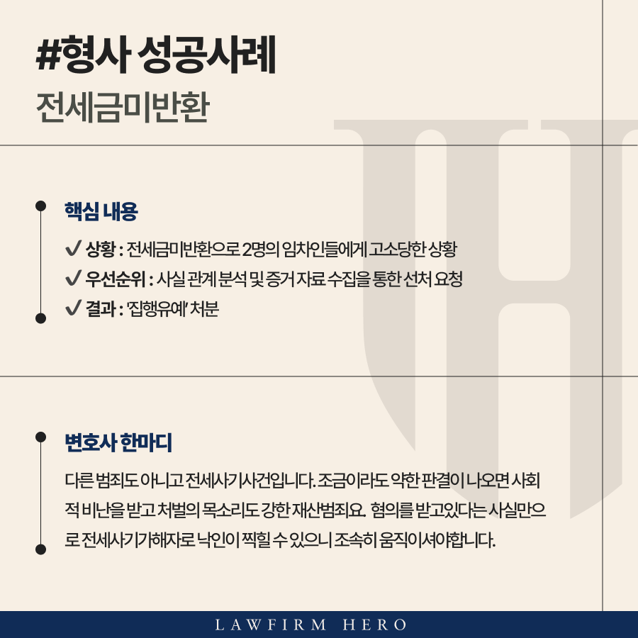 전세금미반환으로 2명의 임차인들에게 고소당한 의뢰인 집행유예 받은 사례