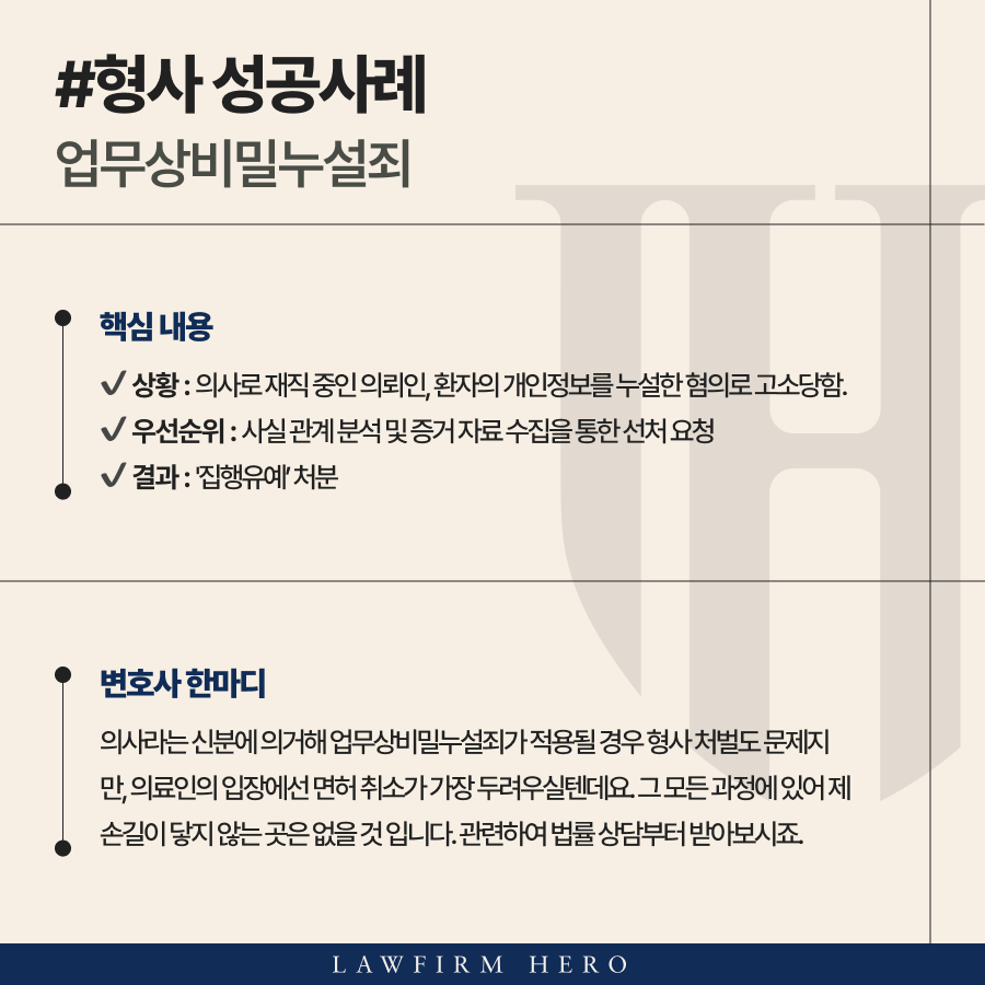 업무상비밀누설죄, 환자의 비밀을 누설하여 의료법위반혐의까지 받게된 의뢰인 집행유예 받은 사례